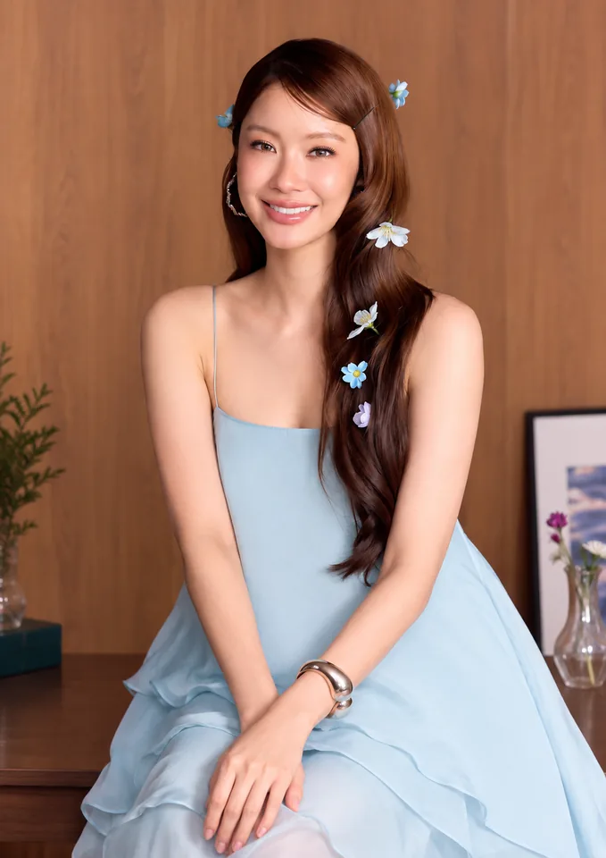 น้ำตาล ทิพนารี ภาพเดี่ยวลุคแฟชั่นชุดสีฟ้า